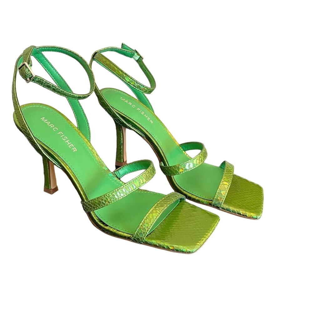 Marc Fisher Deric Square Toe Ankle Strap Heels Green Snakeskin Size 8